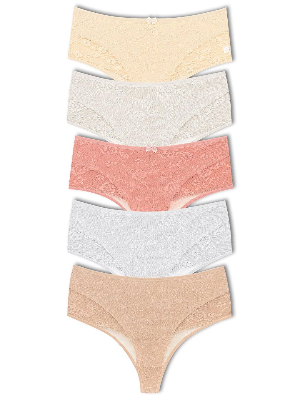 Beyaz Pamuklu Önü Çift Kat Lez Dantel Yüksek Bel Tanga Kadın Külot 5'Li