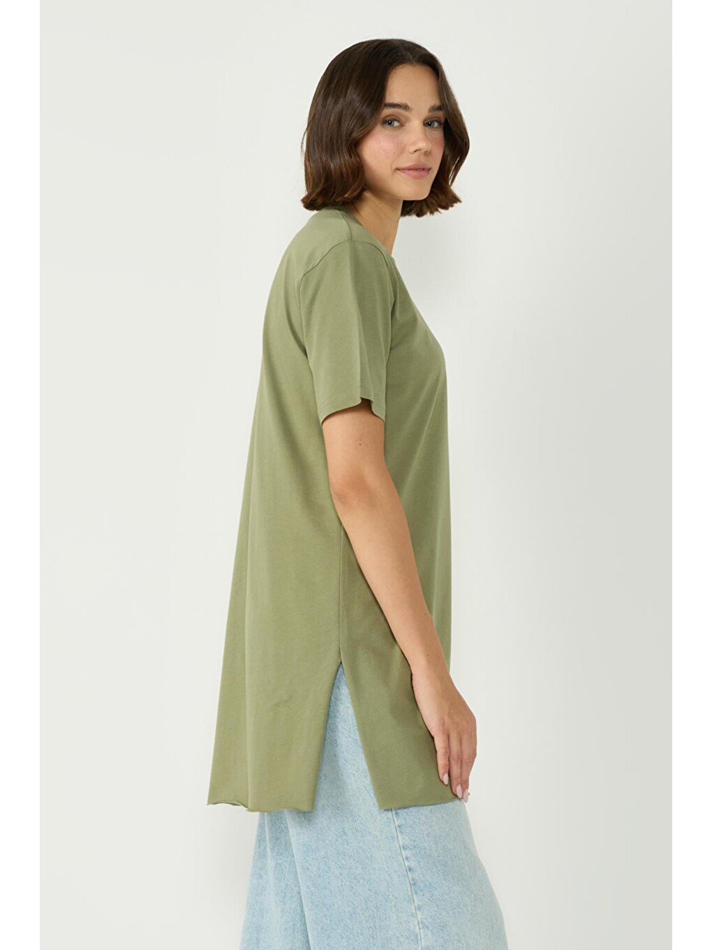 Bisiklet Yaka Yarım Kol Yırtmaçlı 2'Li Uzun T-Shirt 963 Haki/Gri-4