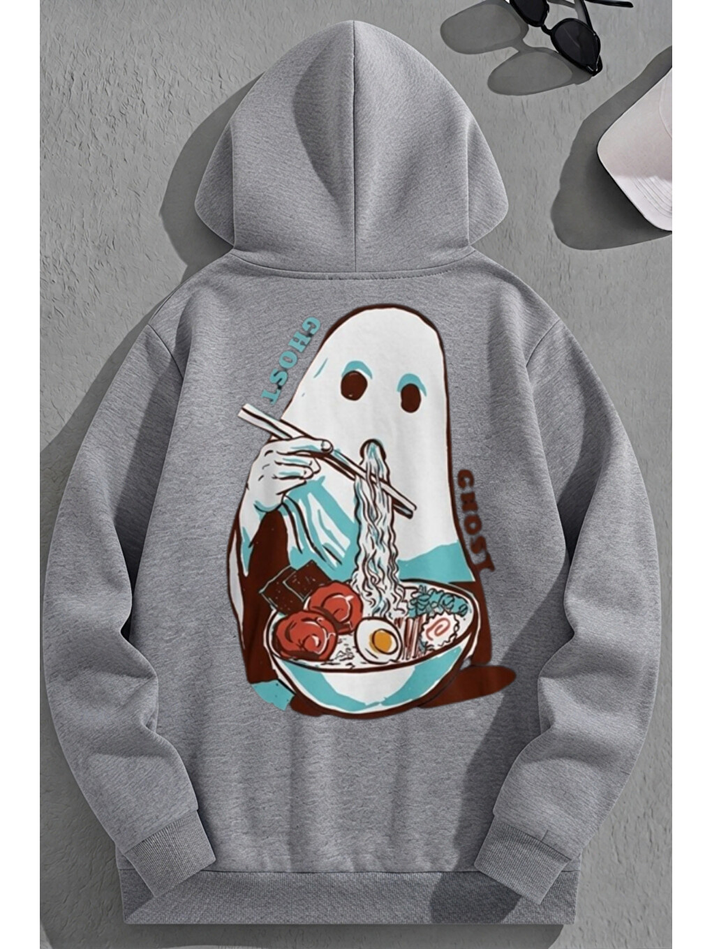 Unisex 3 İplik Pamuklu Gri Ghosteats Baskı Bol Kalıp Sweatshirt Hoodie