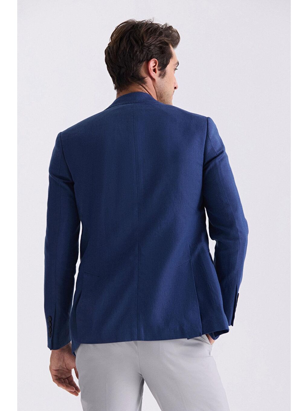 Lacivert Slim Fit Sivri Yaka Keten Spor Ceket-3