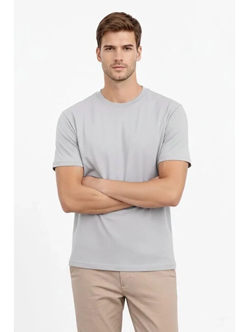 Gri Erkek Bisiklet Yaka Tişört Regular Kalıp Basic Pamuklu Günlük Kullanım Tişört