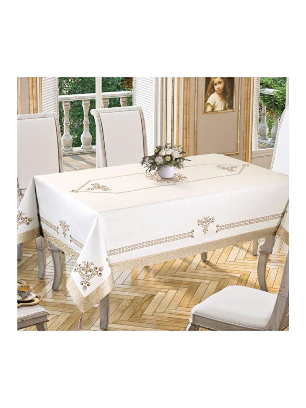 Sarı Lale Baskılı Dikdörtgen Masa Örtüsü Gold 160x260 Cm-3