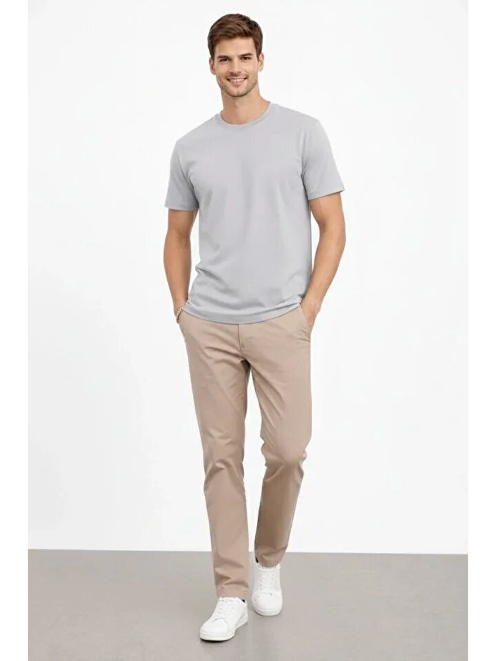 Gri Erkek Bisiklet Yaka Tişört Regular Kalıp Basic Pamuklu Günlük Kullanım Tişört-2