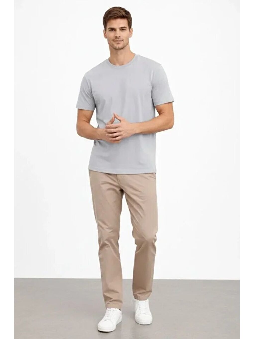 Gri Erkek Bisiklet Yaka Tişört Regular Kalıp Basic Pamuklu Günlük Kullanım Tişört-3