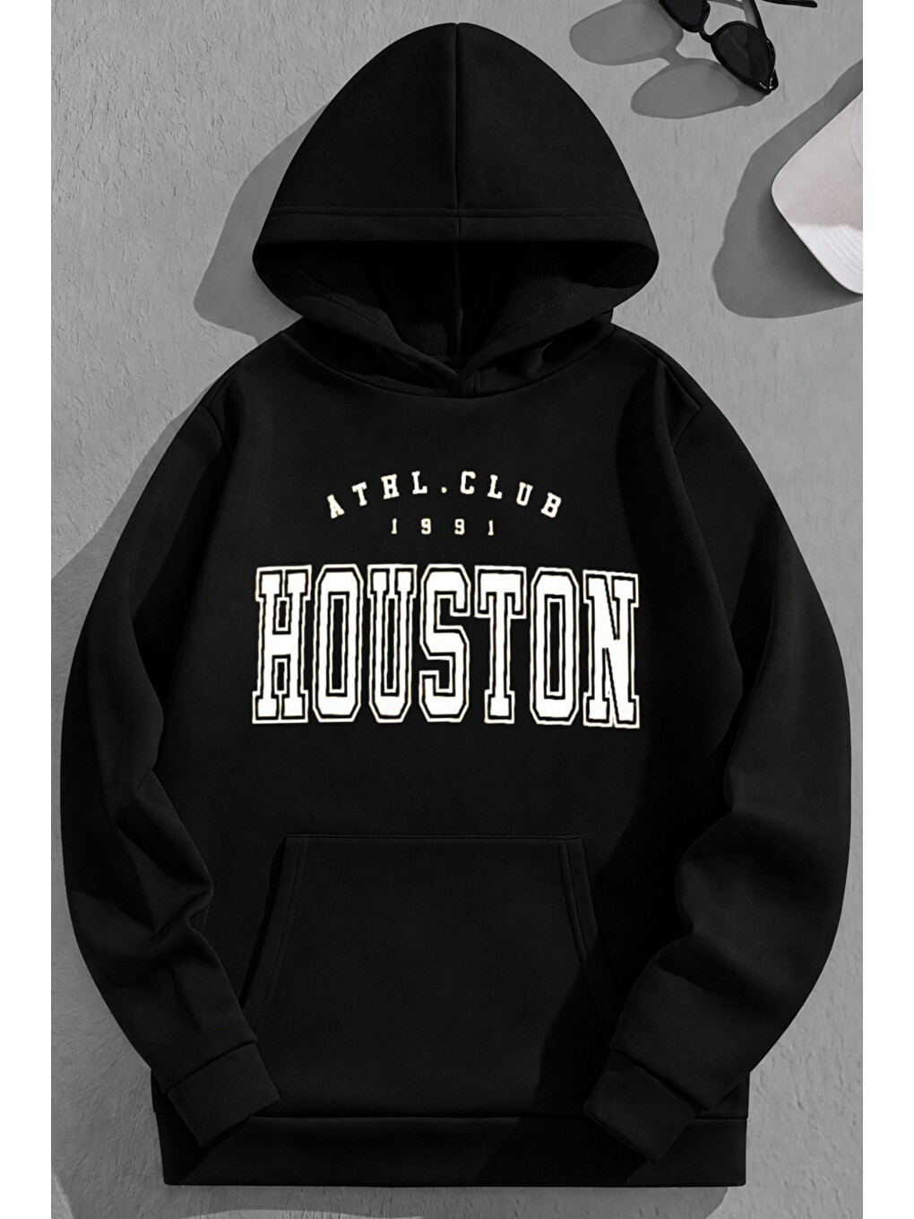 Unisex 3 İplik Pamuklu Siyah Houstonac Baskı Bol Kalıp Sweatshirt Hoodie