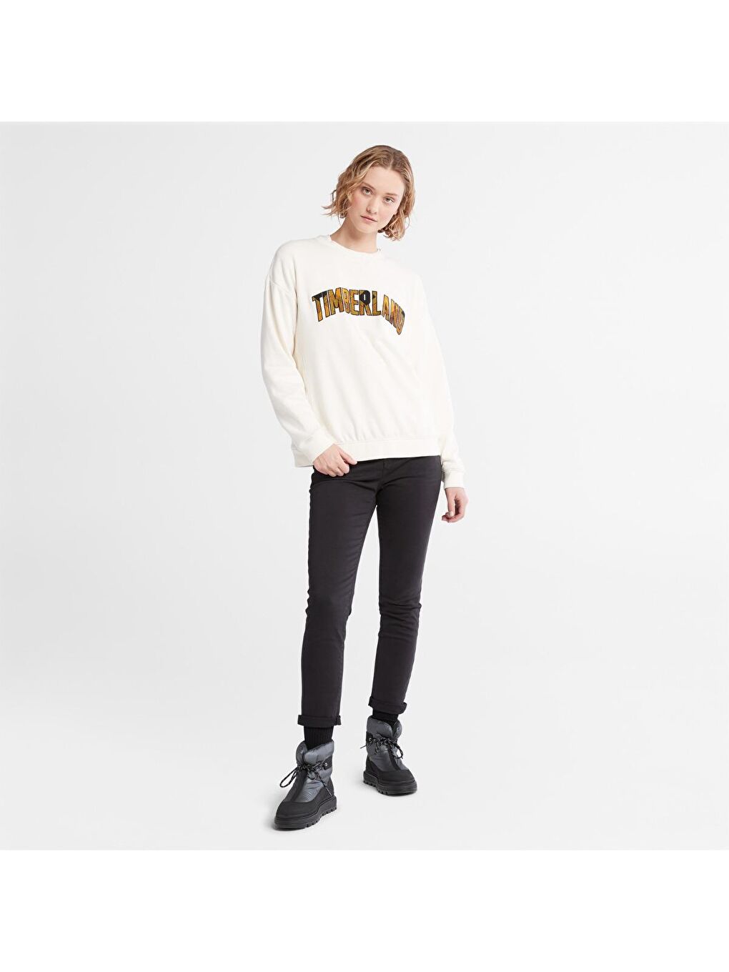 Timberland Ekru Plaid Logo Kadın Ekru Bisiklet Yaka Sweatshirt