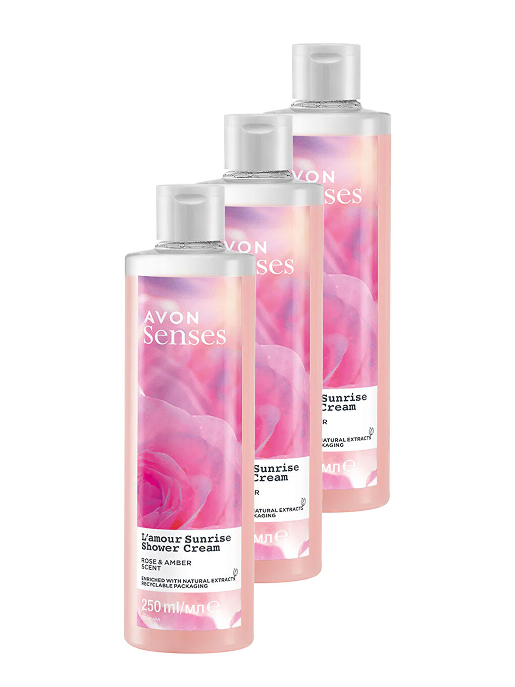 AVON Renksiz L'amour Sunrise Gül ve Amber Kokulu Krem Duş Jeli 250 Ml. Üçlü Set