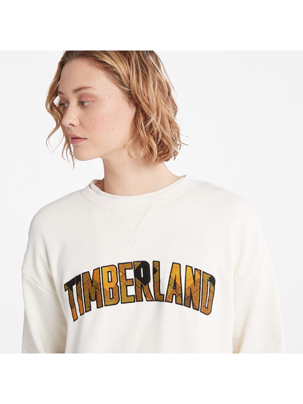 Timberland Ekru Plaid Logo Kadın Ekru Bisiklet Yaka Sweatshirt - 2