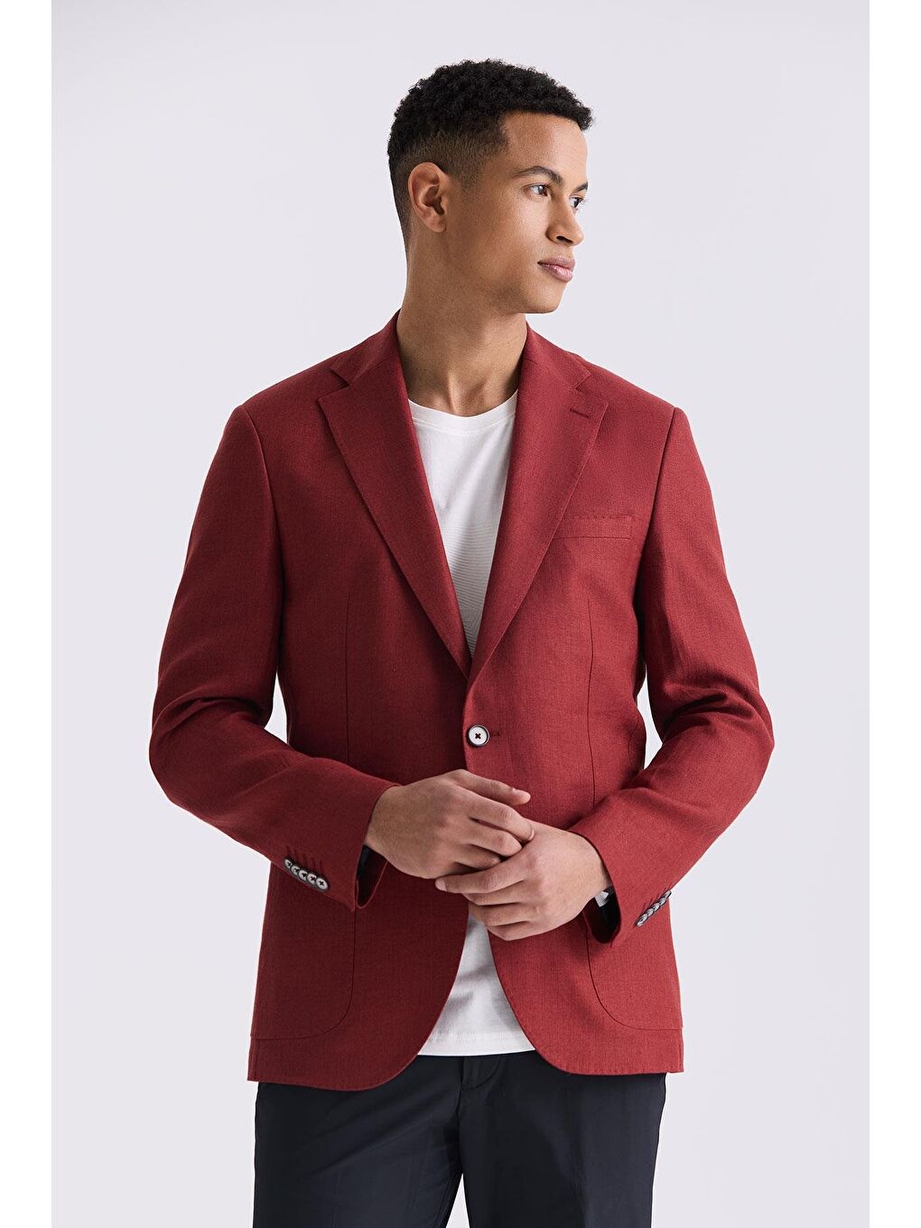 Kırmızı Slim Fit Mono Yaka Keten Spor Ceket