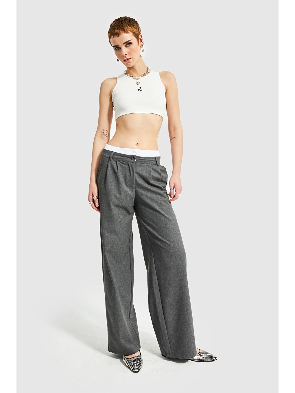 Kadın Antrasit Renk Pileli Çift Kemer Boxer Detaylı Palazzo Pantolon-4