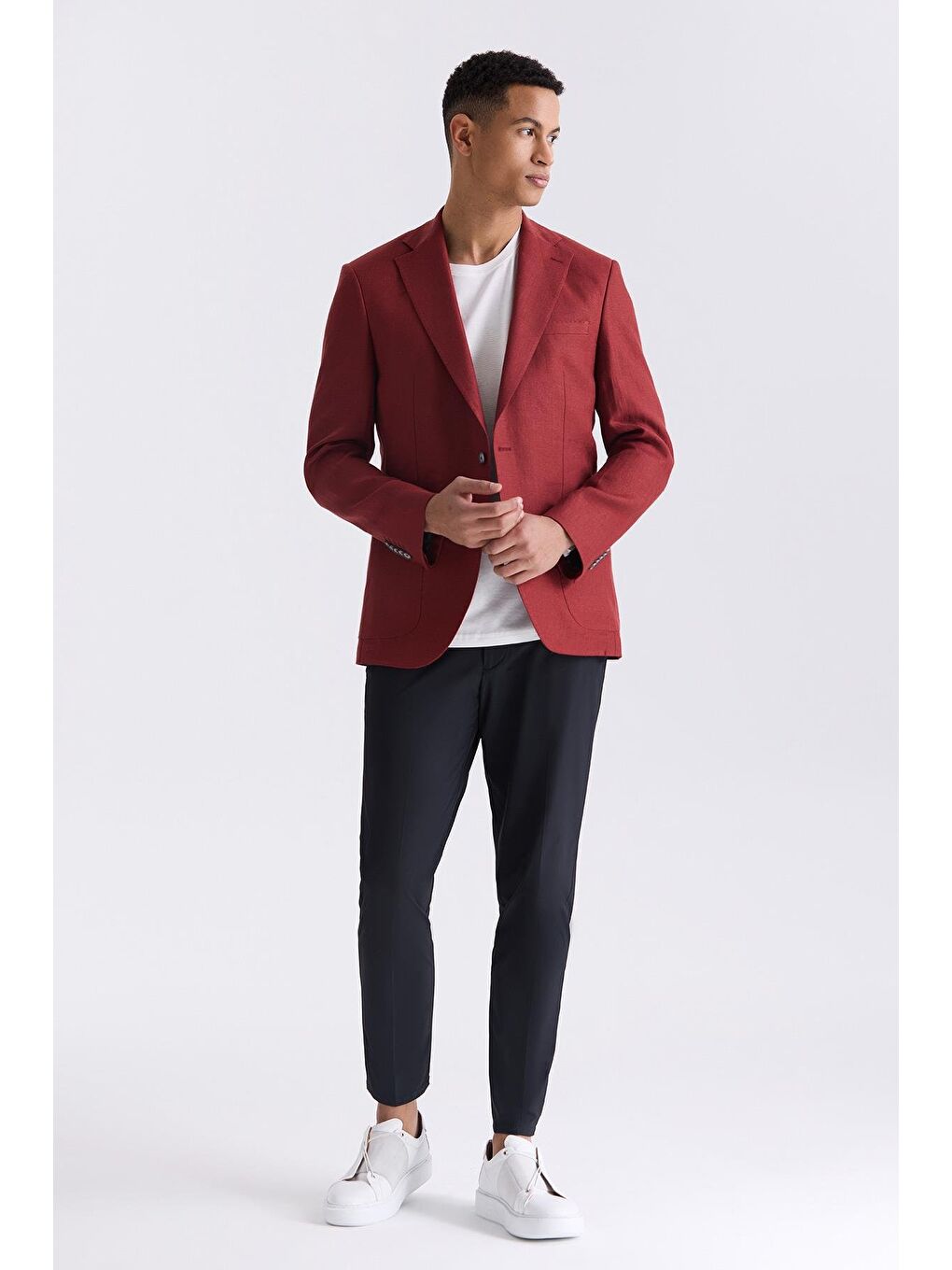 Kırmızı Slim Fit Mono Yaka Keten Spor Ceket-1