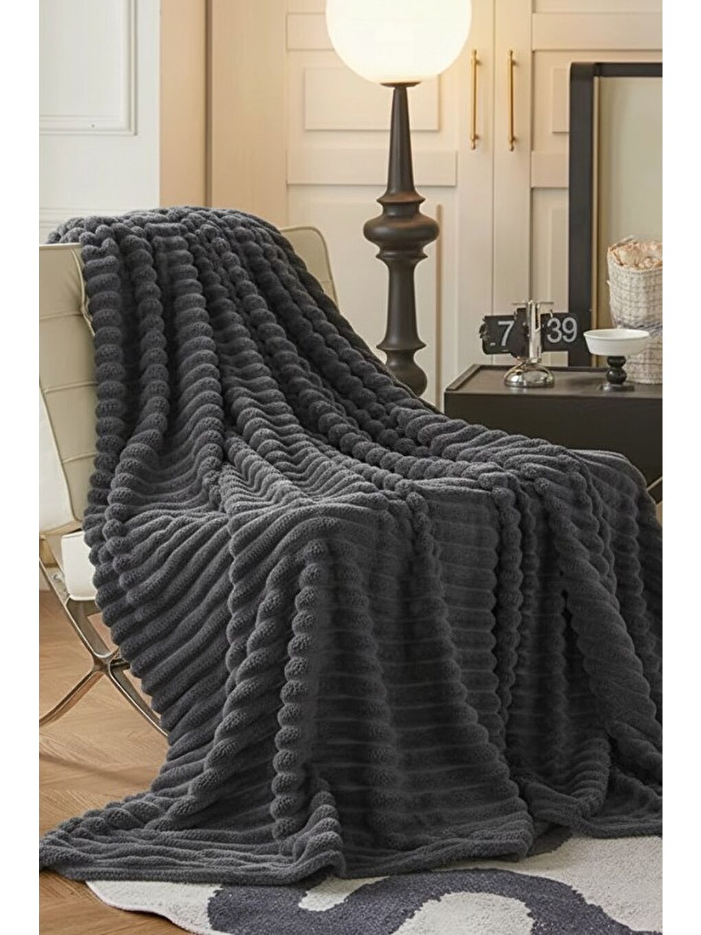 Antrasit King size Fitilli Battaniye Battal Boy 240x260 cm-1