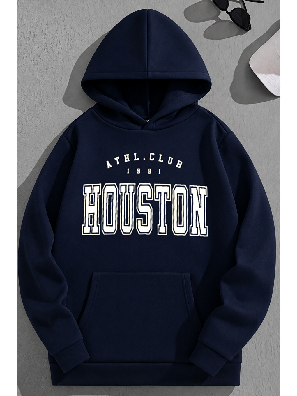 Unisex 3 İplik Pamuklu Lacivert Houstonac Baskı Bol Kalıp Sweatshirt Hoodie