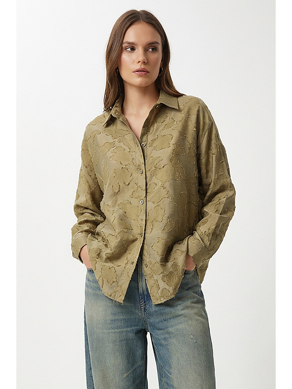 Yeşil Dokulu Transparan Oversize Dokuma Gömlek ZEYTİN YEŞİLİ LCI0066-1