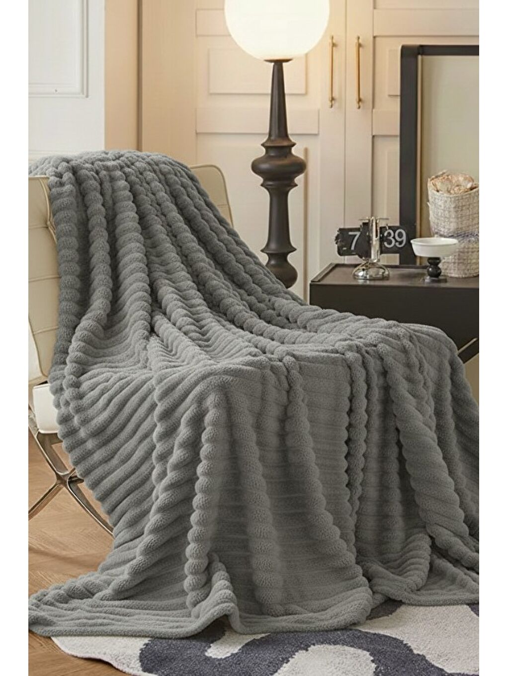 Gri King size Fitilli Battaniye Battal Boy 240x260 cm-1