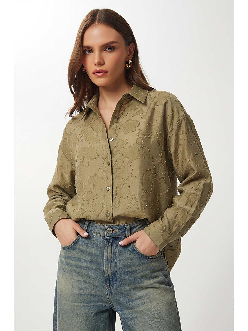 Yeşil Dokulu Transparan Oversize Dokuma Gömlek ZEYTİN YEŞİLİ LCI0066-2