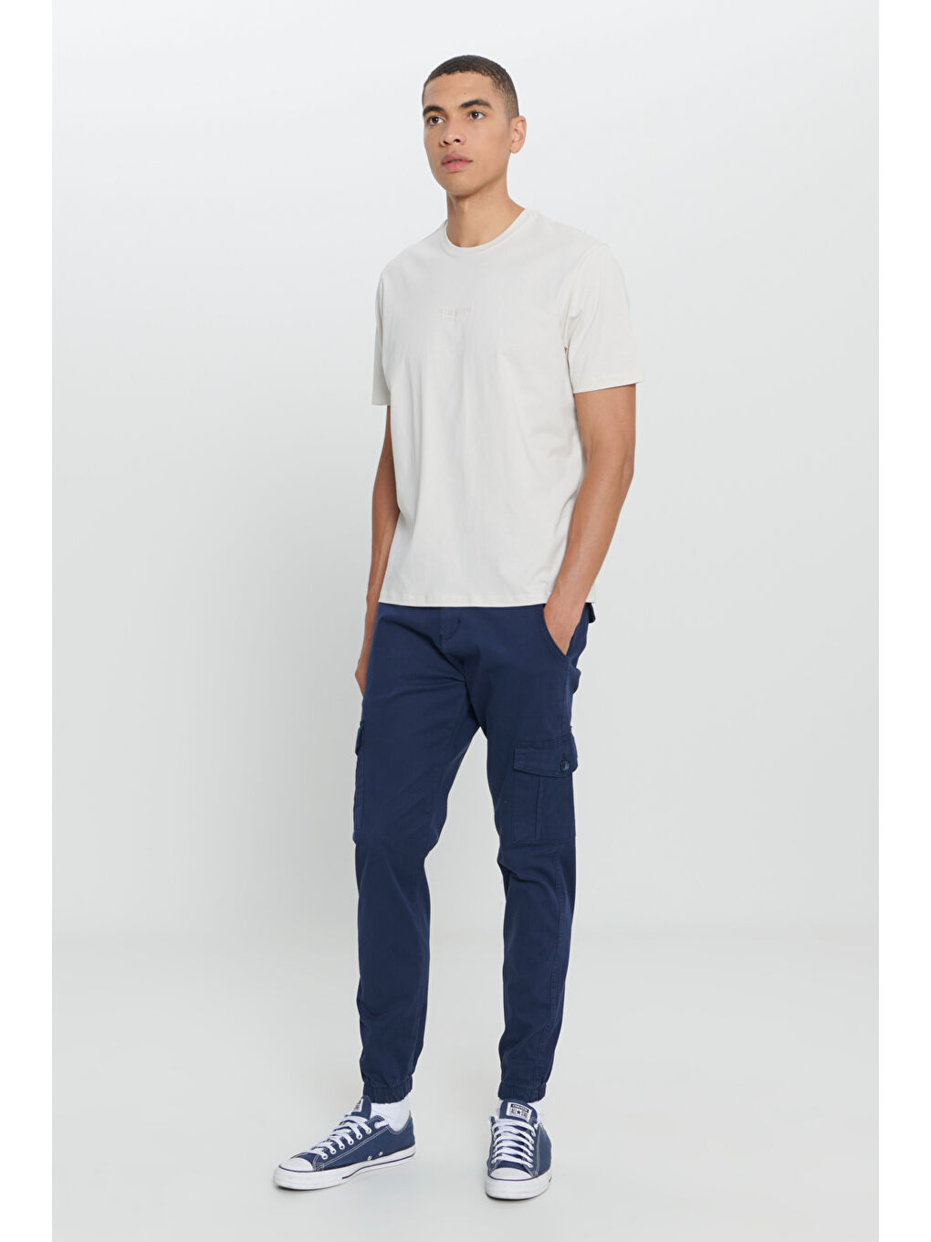 Bej Erkek Taş %100 Pamuk Standart Fit Normal Kesim Bisiklet Yaka Baskılı Tişört-1