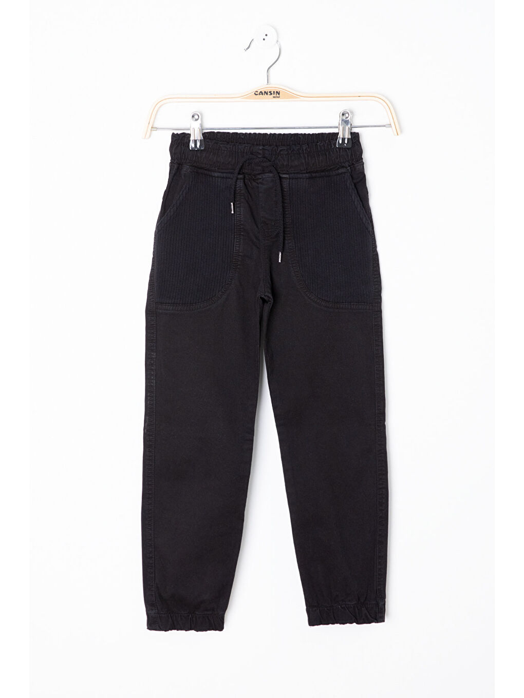 Siyah Cebi Dokuma Detaylı Beli Lastikli Erkek Çocuk Keten Pantolon 20413