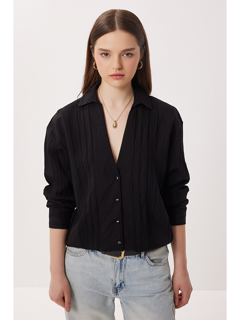 Siyah Oversize İşlemeli Dokuma Gömlek SİYAH LDZ0062-1