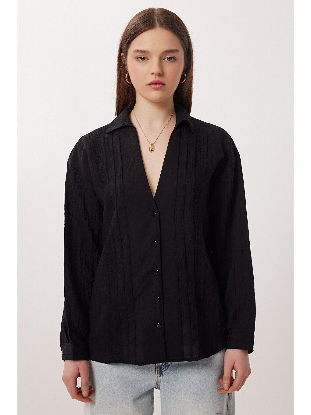 Siyah Oversize İşlemeli Dokuma Gömlek SİYAH LDZ0062-3