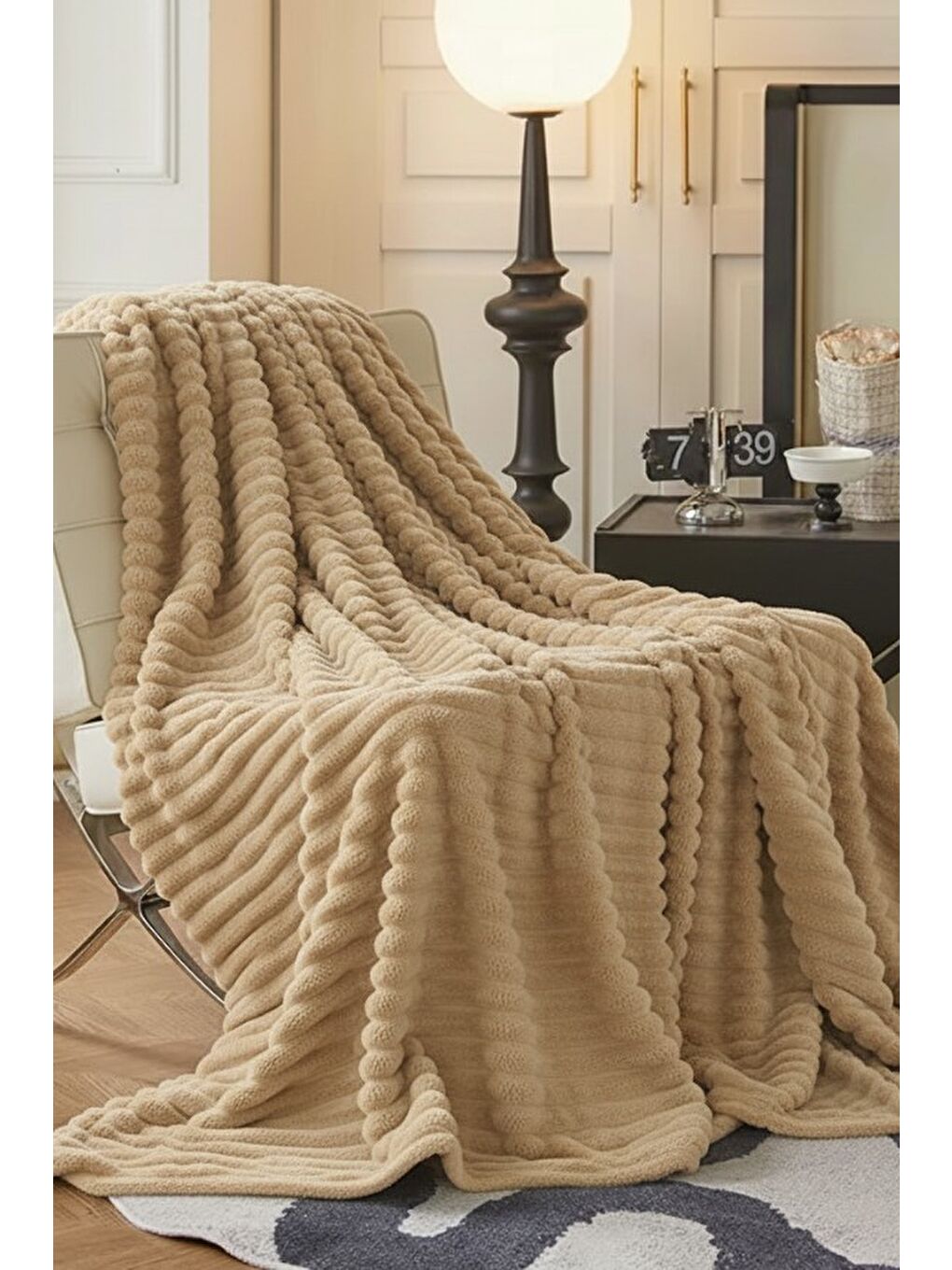 Bej King size Fitilli Battaniye Battal Boy 240x260 cm-1