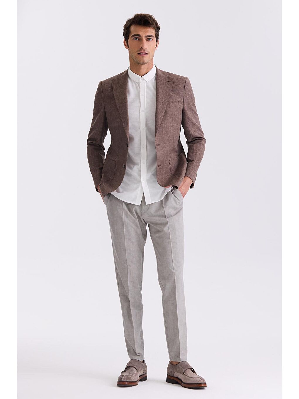 Kahverengi Kahve Slim Fit Mono Yaka Keten Spor Ceket-1