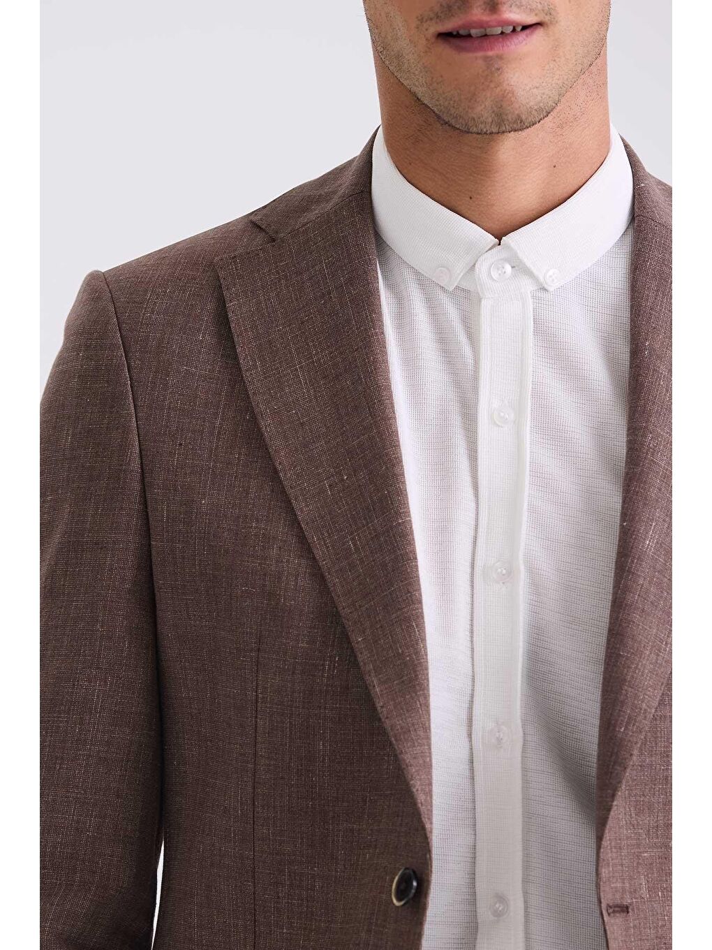 Kahverengi Kahve Slim Fit Mono Yaka Keten Spor Ceket-2