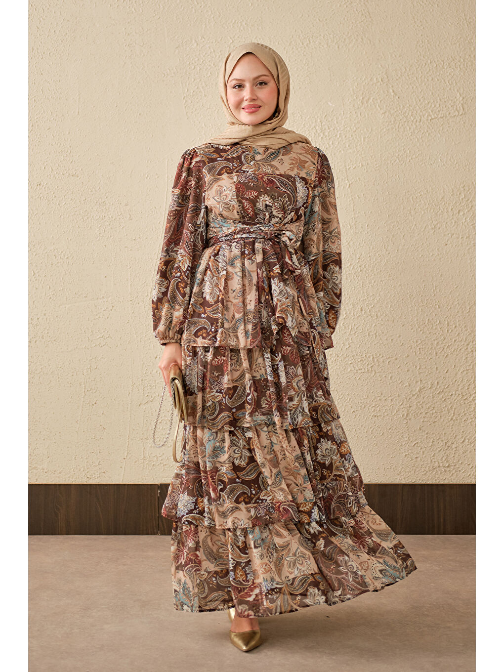 Kadın Etnik Desen Bel Bağlamalı Elbise Kahverengi