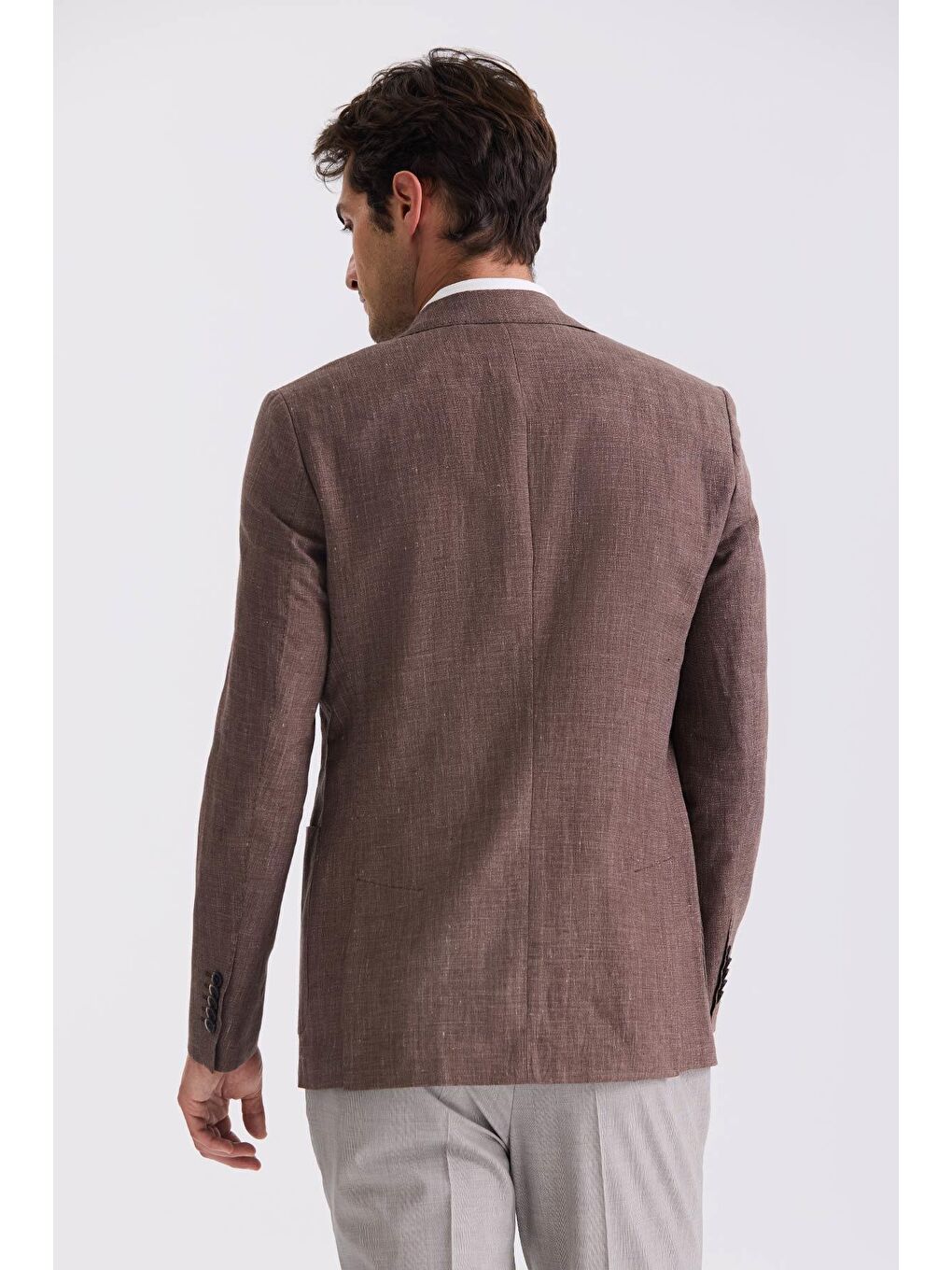 Kahverengi Kahve Slim Fit Mono Yaka Keten Spor Ceket-3