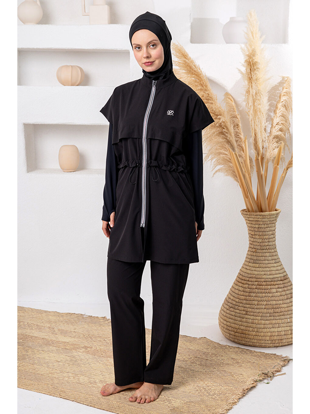 UV Korumalı Spor Elastan Bilek Geçirme Detay Yelekli Tam Kapalı Tesettür Mayo 1233 Siyah03