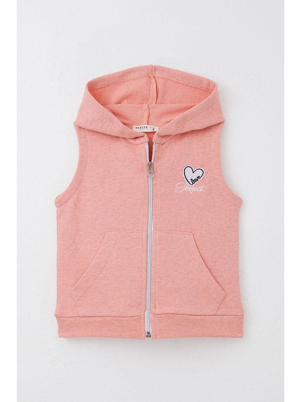 Pembe Kız Çocuk Yelek Kalp & Yazı Nakışlı Fermuarlı Somon Melanj (3-8 Yaş)