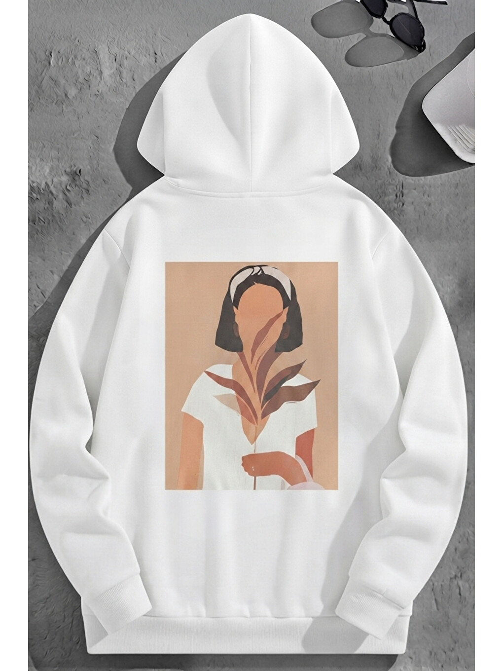 Unisex 3 İplik Pamuklu Beyaz Hayalifigür Baskı Bol Kalıp Sweatshirt Hoodie