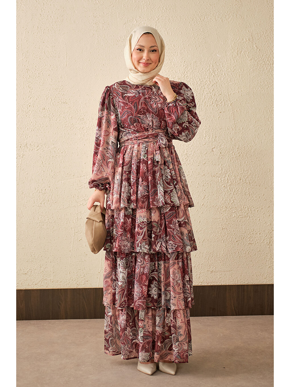 Kadın Etnik Desen Bel Bağlamalı Elbise Bordo