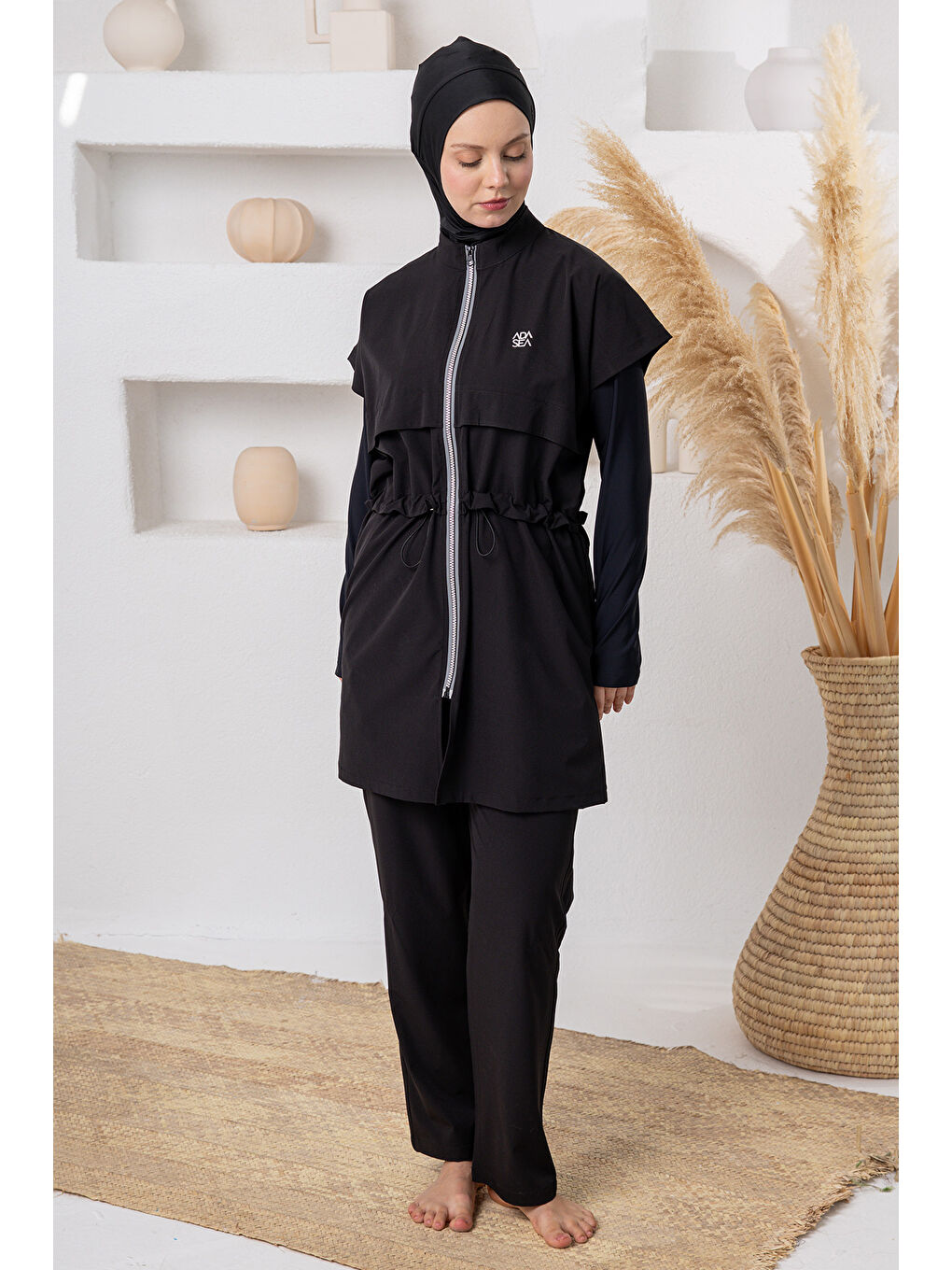 UV Korumalı Spor Elastan Bilek Geçirme Detay Yelekli Tam Kapalı Tesettür Mayo 1233 Siyah03-1