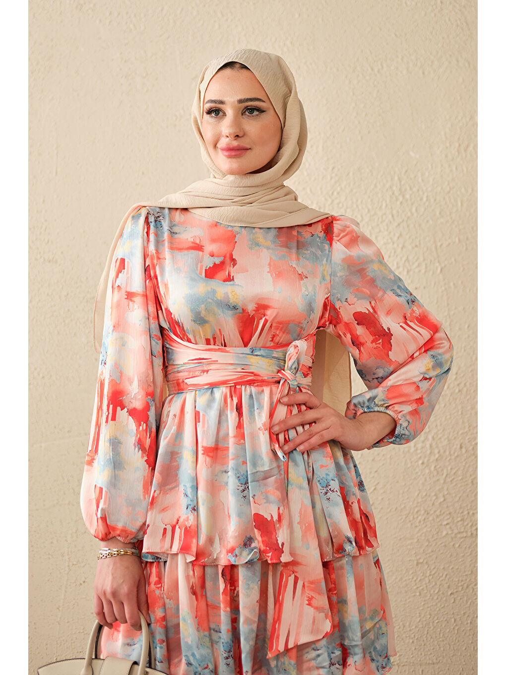 Kırmızı Kadın Karışık Desen Bel Bağlamalı Saten Elbise Nar Çiçeği-1