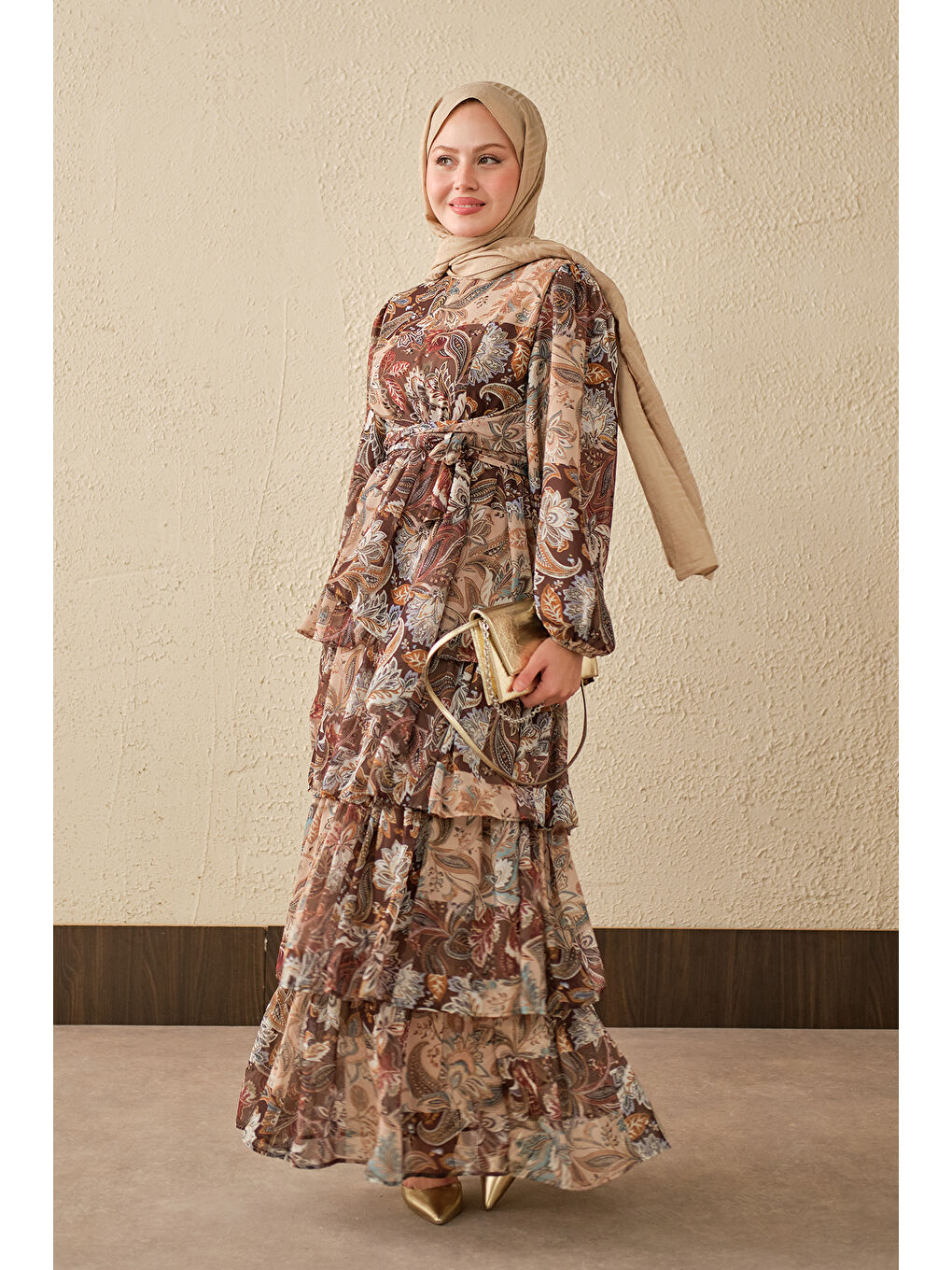 Kadın Etnik Desen Bel Bağlamalı Elbise Kahverengi-1