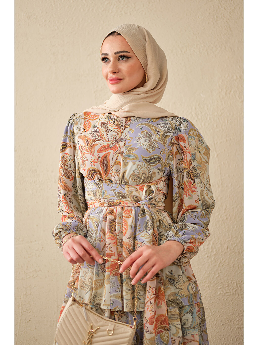 Kadın Etnik Desen Bel Bağlamalı Elbise Lila-1