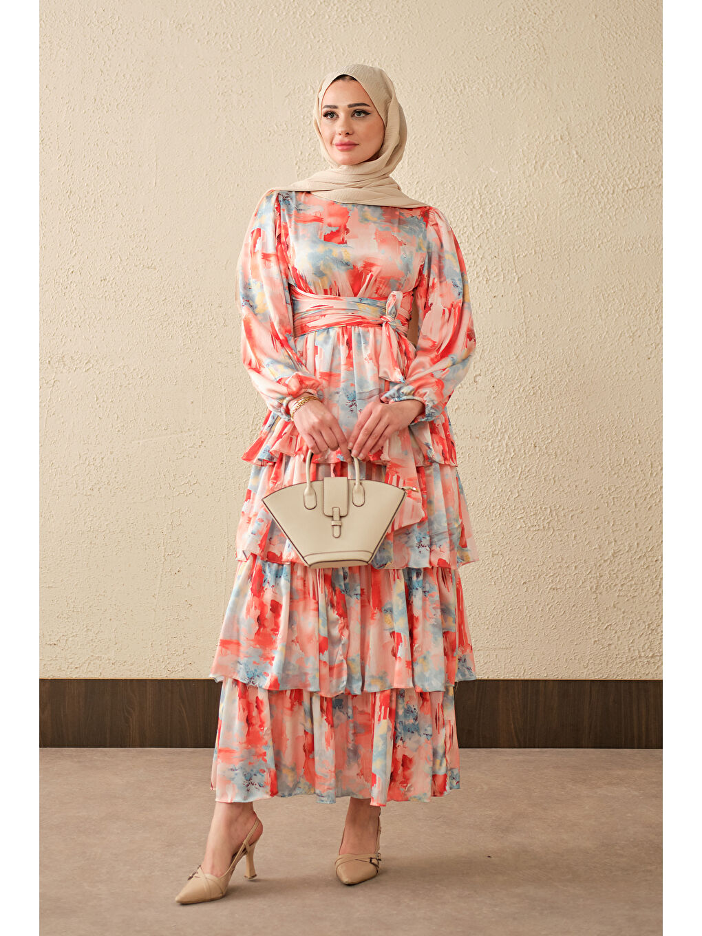 Kırmızı Kadın Karışık Desen Bel Bağlamalı Saten Elbise Nar Çiçeği-2