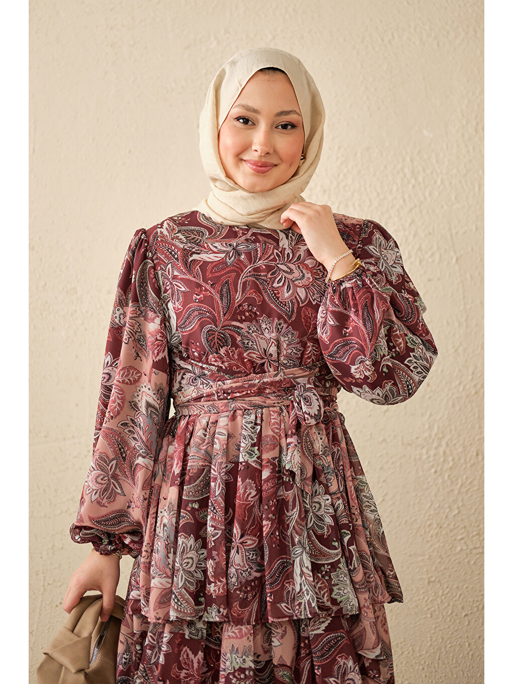 Kadın Etnik Desen Bel Bağlamalı Elbise Bordo-1