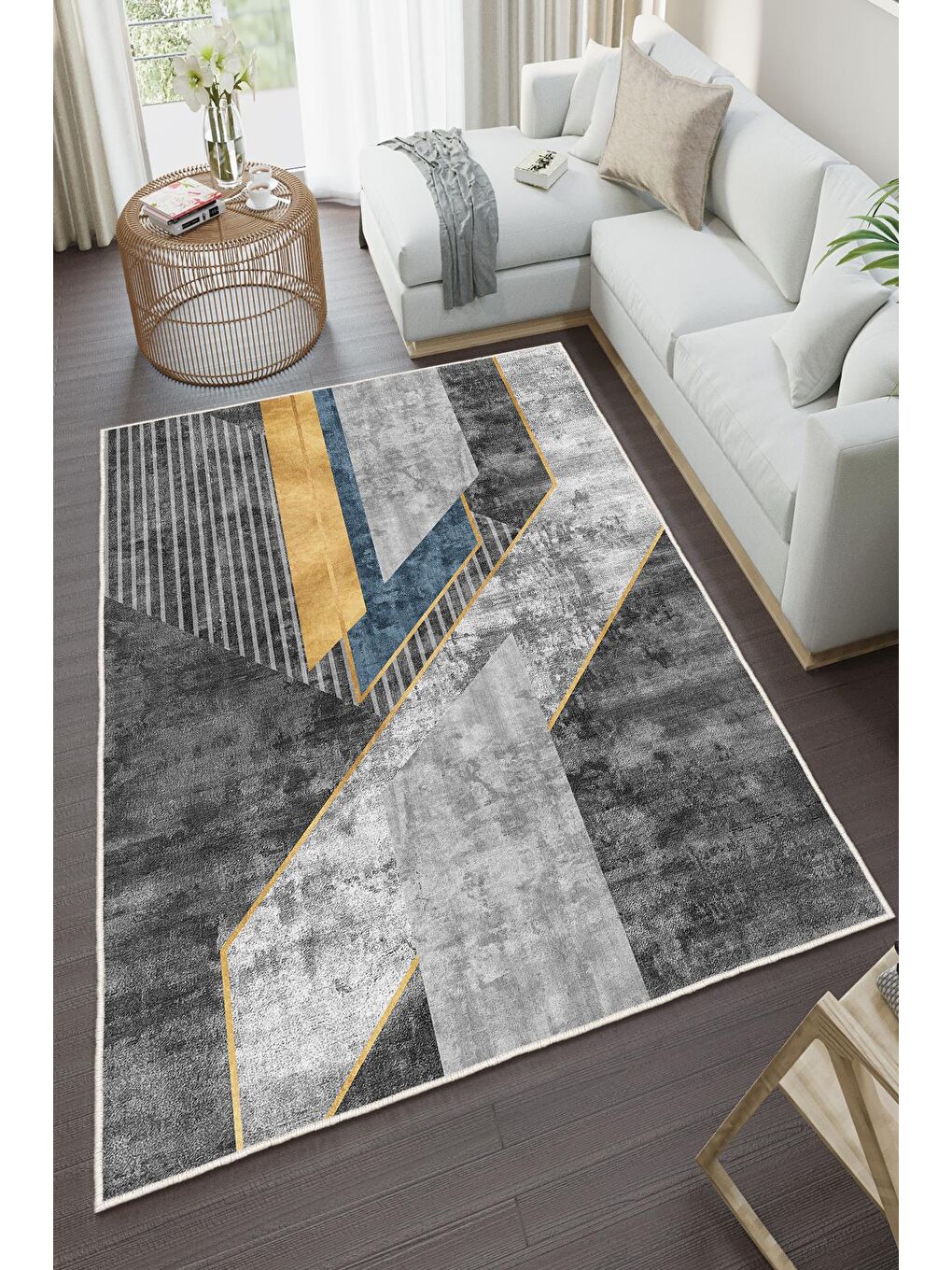 Gri Özel Tasarım, Kaymaz Taban, İnce, Yıkanabilir, Modern Halı WOOKECE1505 180x280-2