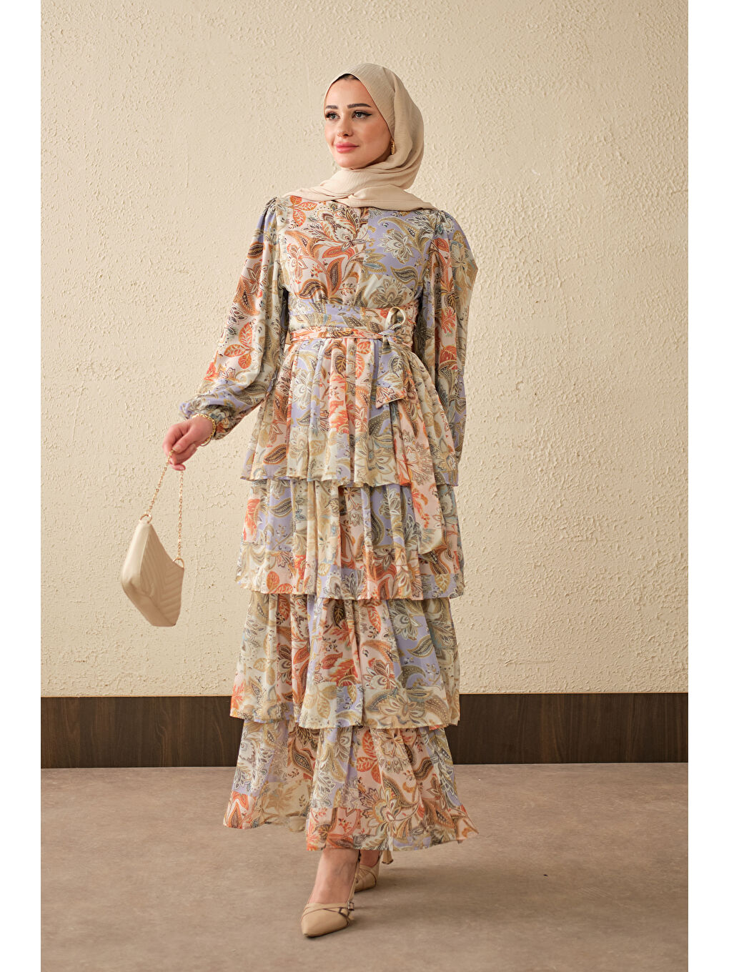 Kadın Etnik Desen Bel Bağlamalı Elbise Lila-2