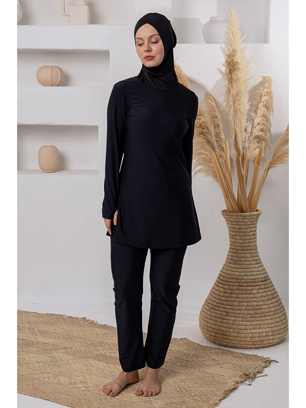 UV Korumalı Spor Elastan Bilek Geçirme Detay Yelekli Tam Kapalı Tesettür Mayo 1233 Siyah03-4