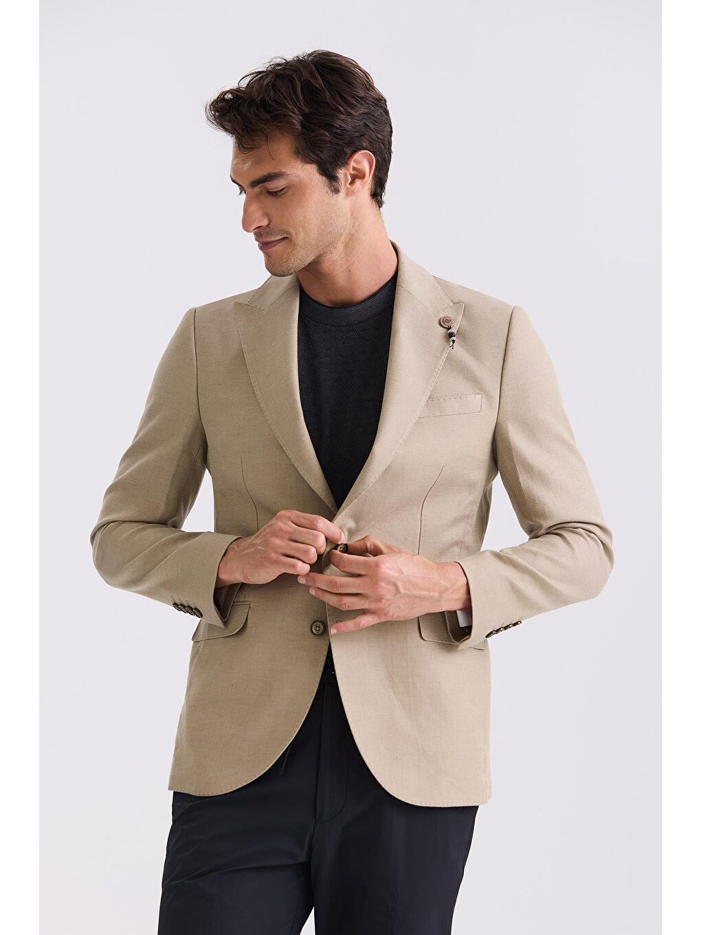 Bej Slim Fit Sivri Yaka Keten Spor Ceket