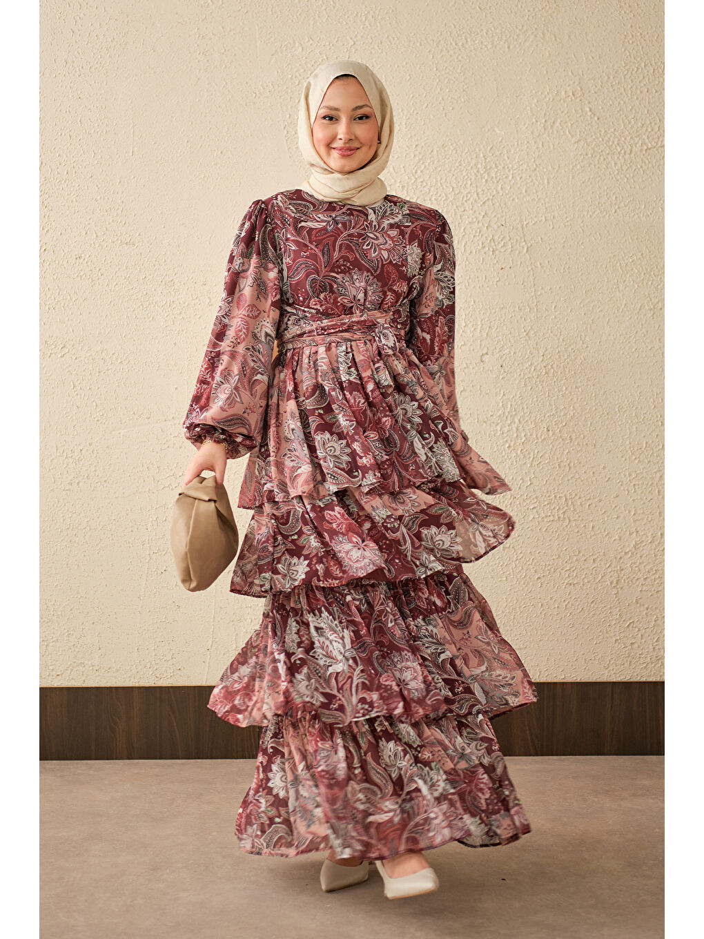 Kadın Etnik Desen Bel Bağlamalı Elbise Bordo-2