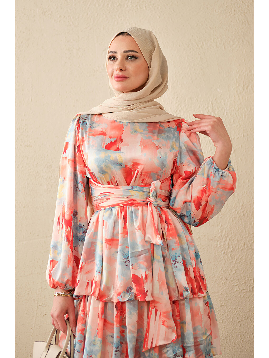 Kırmızı Kadın Karışık Desen Bel Bağlamalı Saten Elbise Nar Çiçeği-3