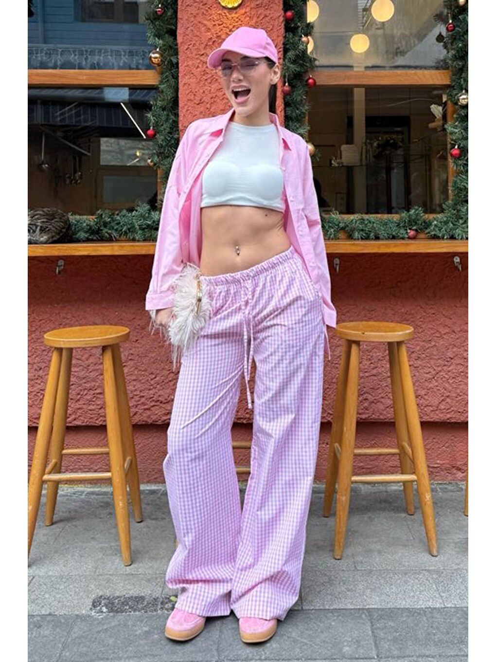 Pembe Beli Ayarlanabilir Ekoseli Bol Paça Kadın Pantolon Mg2335