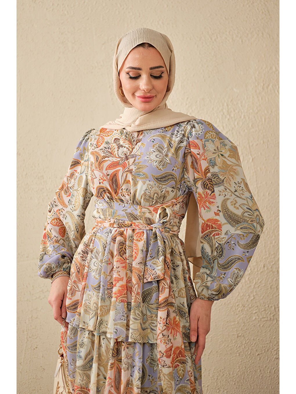 Kadın Etnik Desen Bel Bağlamalı Elbise Lila-3