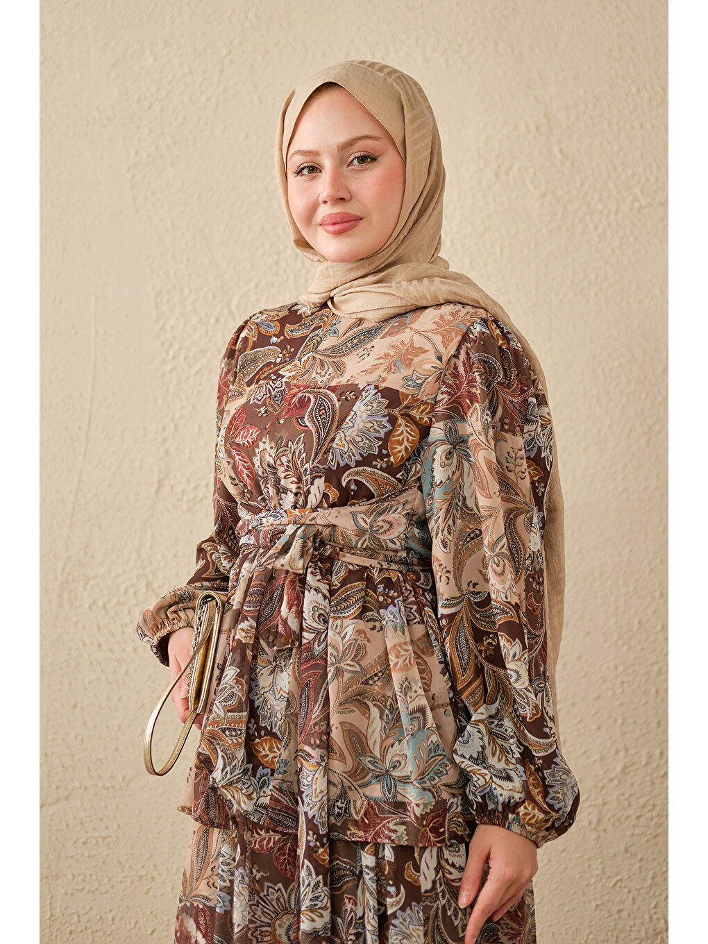 Kadın Etnik Desen Bel Bağlamalı Elbise Kahverengi-2