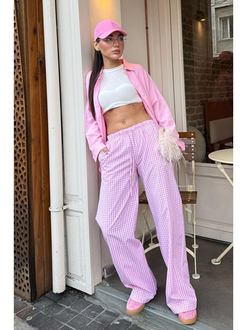 Pembe Beli Ayarlanabilir Ekoseli Bol Paça Kadın Pantolon Mg2335-1