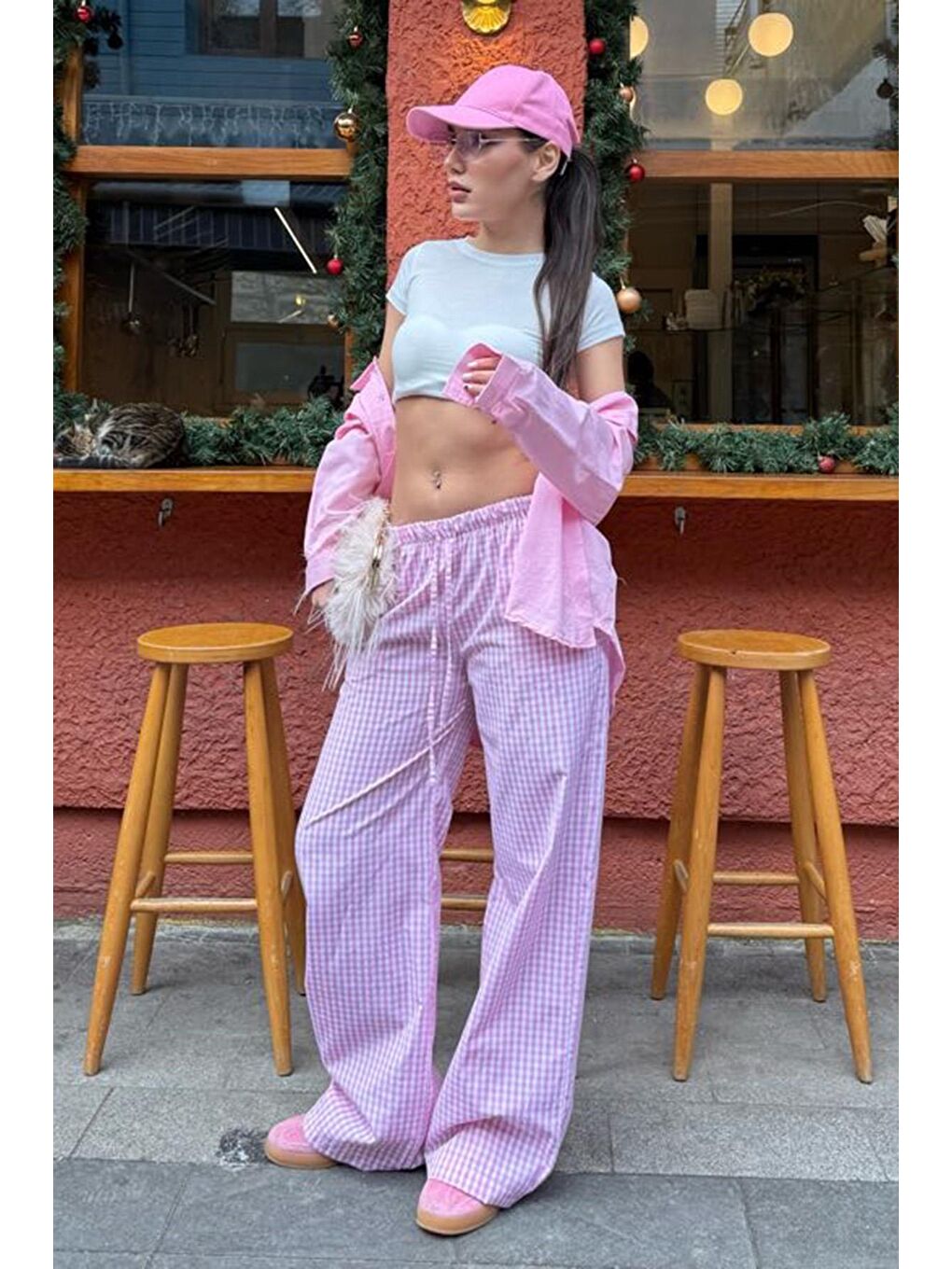 Pembe Beli Ayarlanabilir Ekoseli Bol Paça Kadın Pantolon Mg2335-3